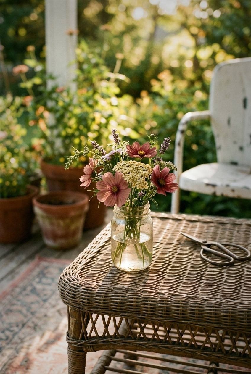 Single porch chair with a side table holding a coffee mug a stack of books and a small fern