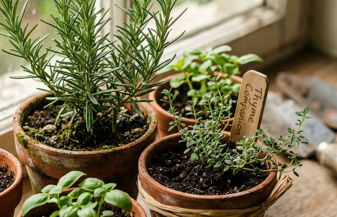Mixed herb containers arranged together for easy summer cooking
