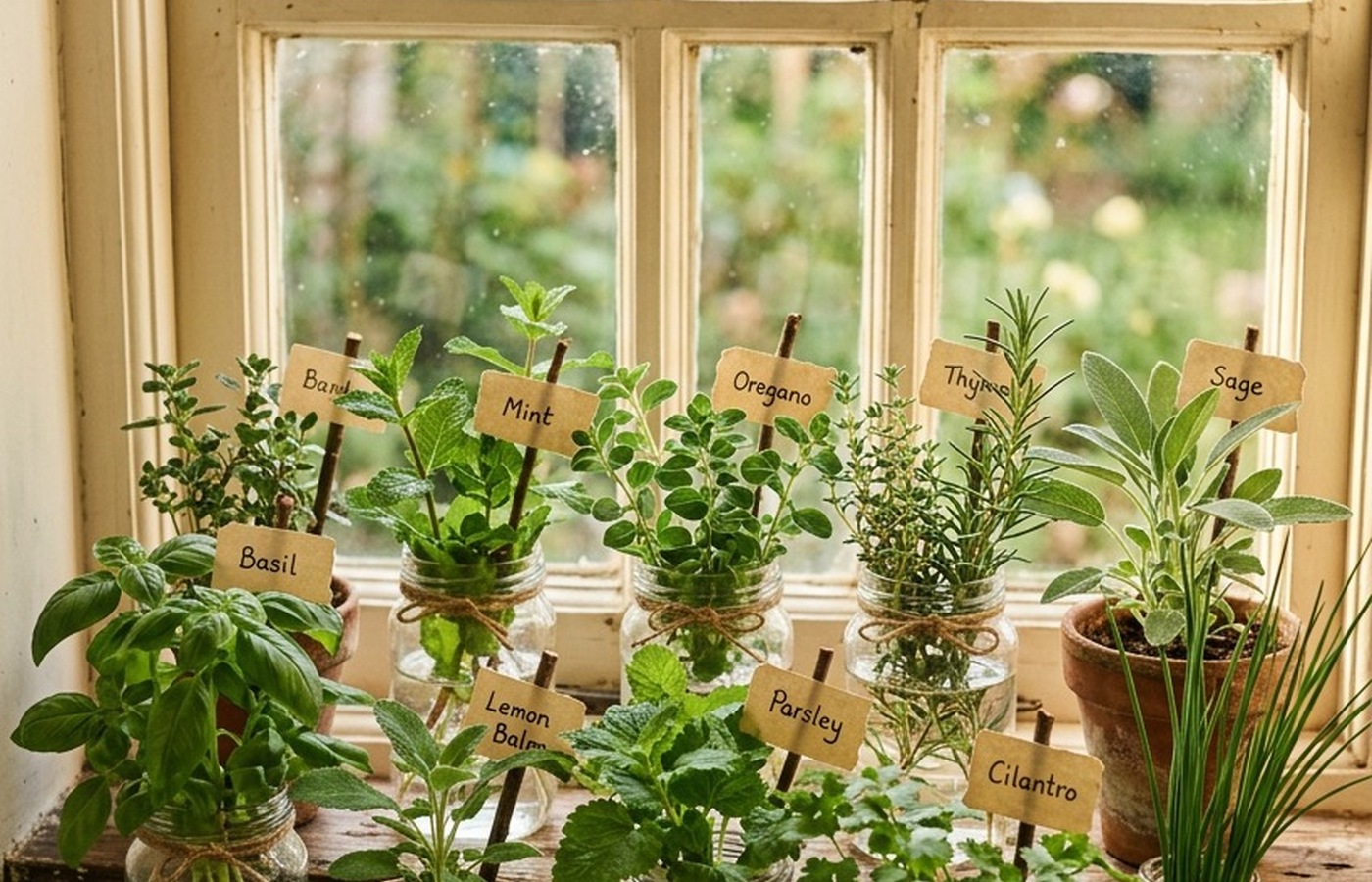 Fresh herbs in pots and jars ready to clip for dinner