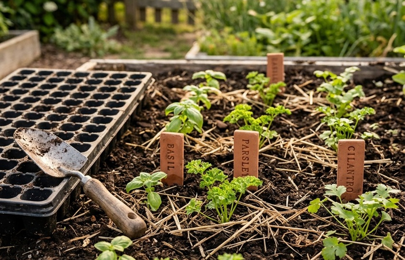Small herb plants growing in containers with soft natural light