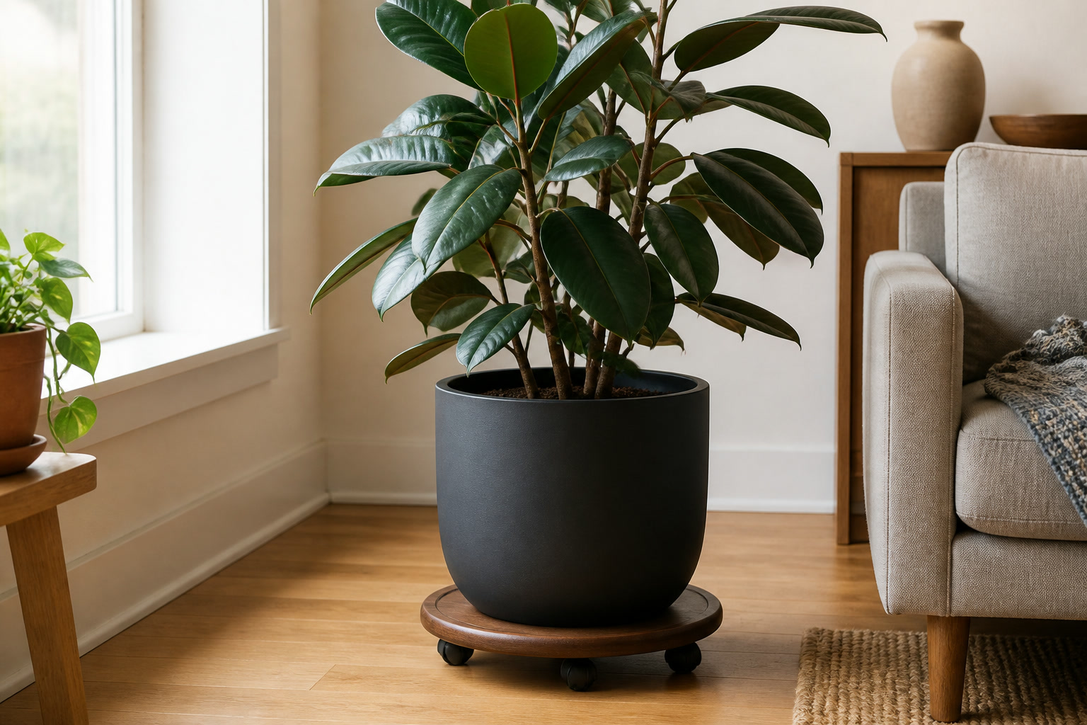 Large rubber plant in a black planter centered on a low round wooden rolling caddy