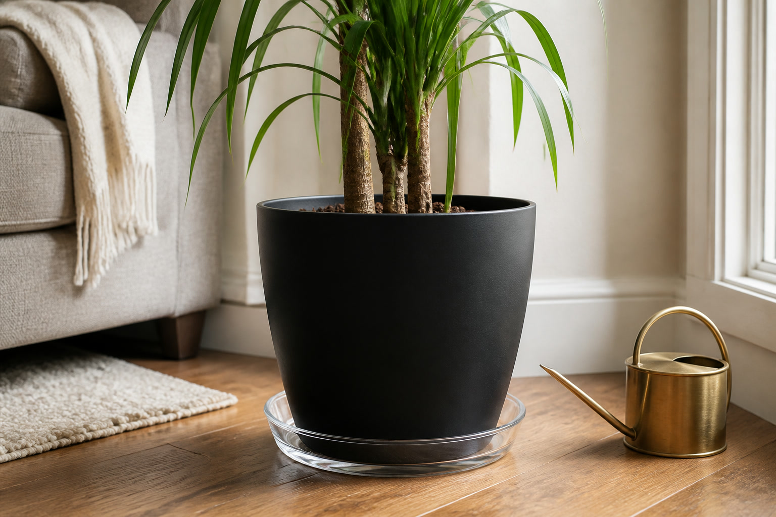 Clear plant saucer under a matte black twelve-inch indoor planter on a warm oak floor