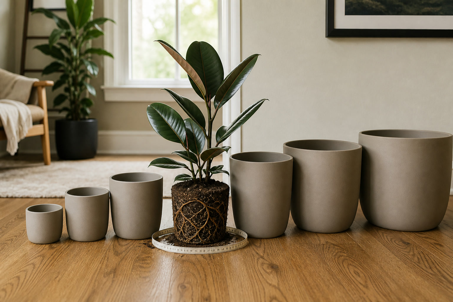 Tall rubber plant beside six graduated indoor planters showing the two-inch step between pot sizes