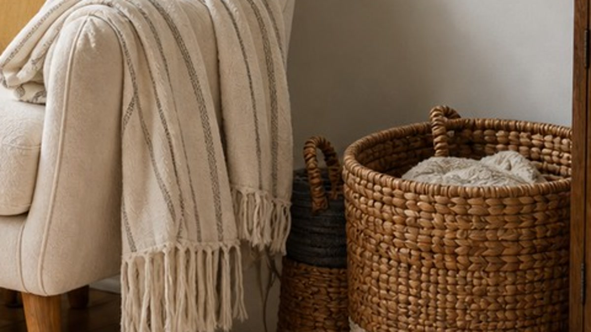 Small round woven floor basket holding a folded textile beside a reading chair