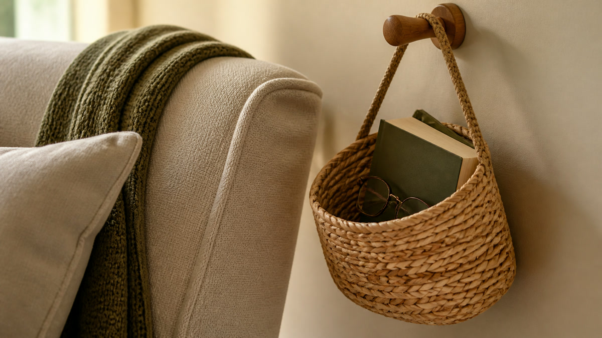 Natural woven hanging basket holding a small book and reading glasses beside an upholstered chair