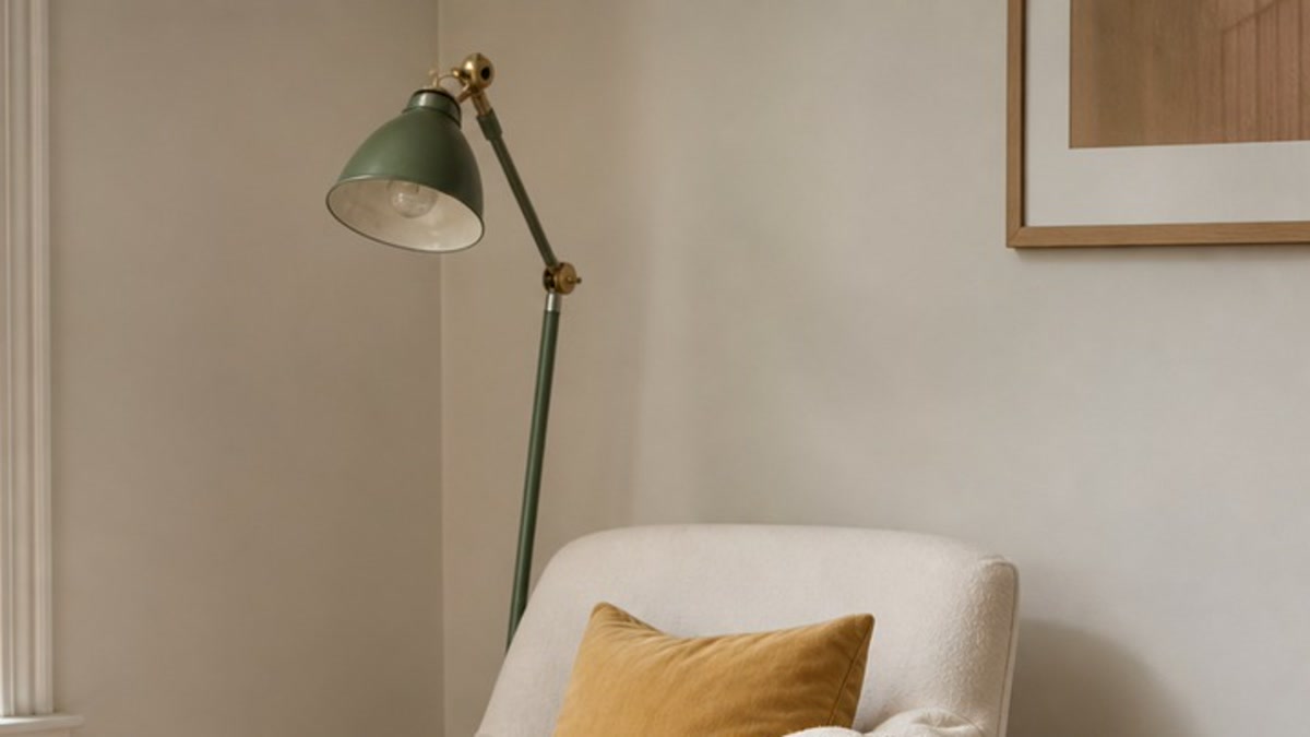 Slim green adjustable floor lamp positioned over the shoulder of a cream reading chair