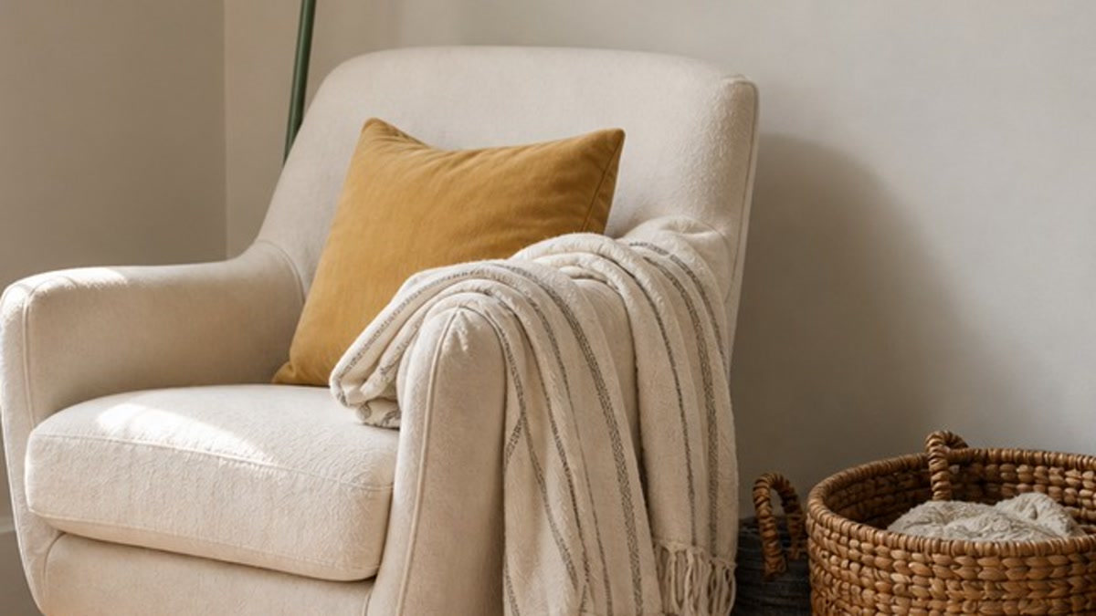 Ivory striped throw draped over the arm of a cream reading chair