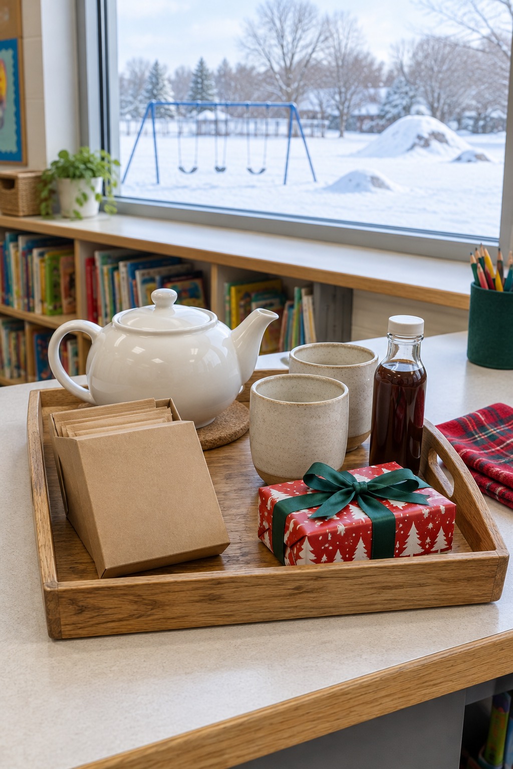 Wooden tray on a bright classroom counter with a snowy playground in the window, holding a white teapot, two cream stoneware cups, a small bottle of coffee syrup, a box of hot cocoa envelopes and a small gift wrapped in red and white Christmas paper