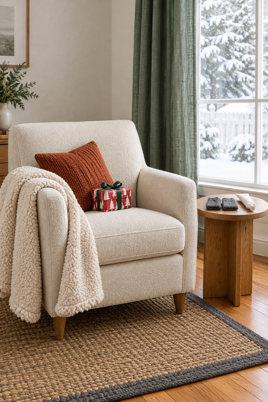 Cream armchair in a bright living room with snow outside the window, a cream sherpa throw over one arm and a small oak side table holding a pair of hand warmers, a tube of hand cream and a small gift wrapped in red and white Christmas paper
