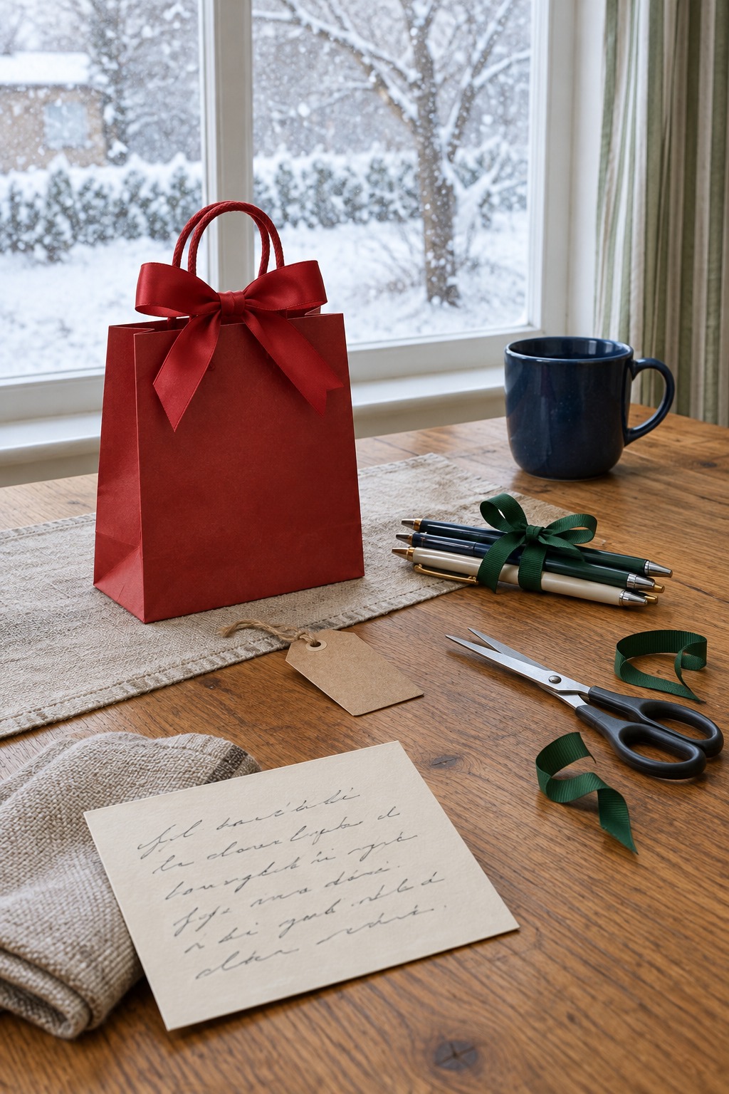 Kitchen table in bright daylight with a small gift bag with a bow, a stack of pens tied with forest green ribbon, a tag, scissors and a handwritten card, with a window showing snow behind