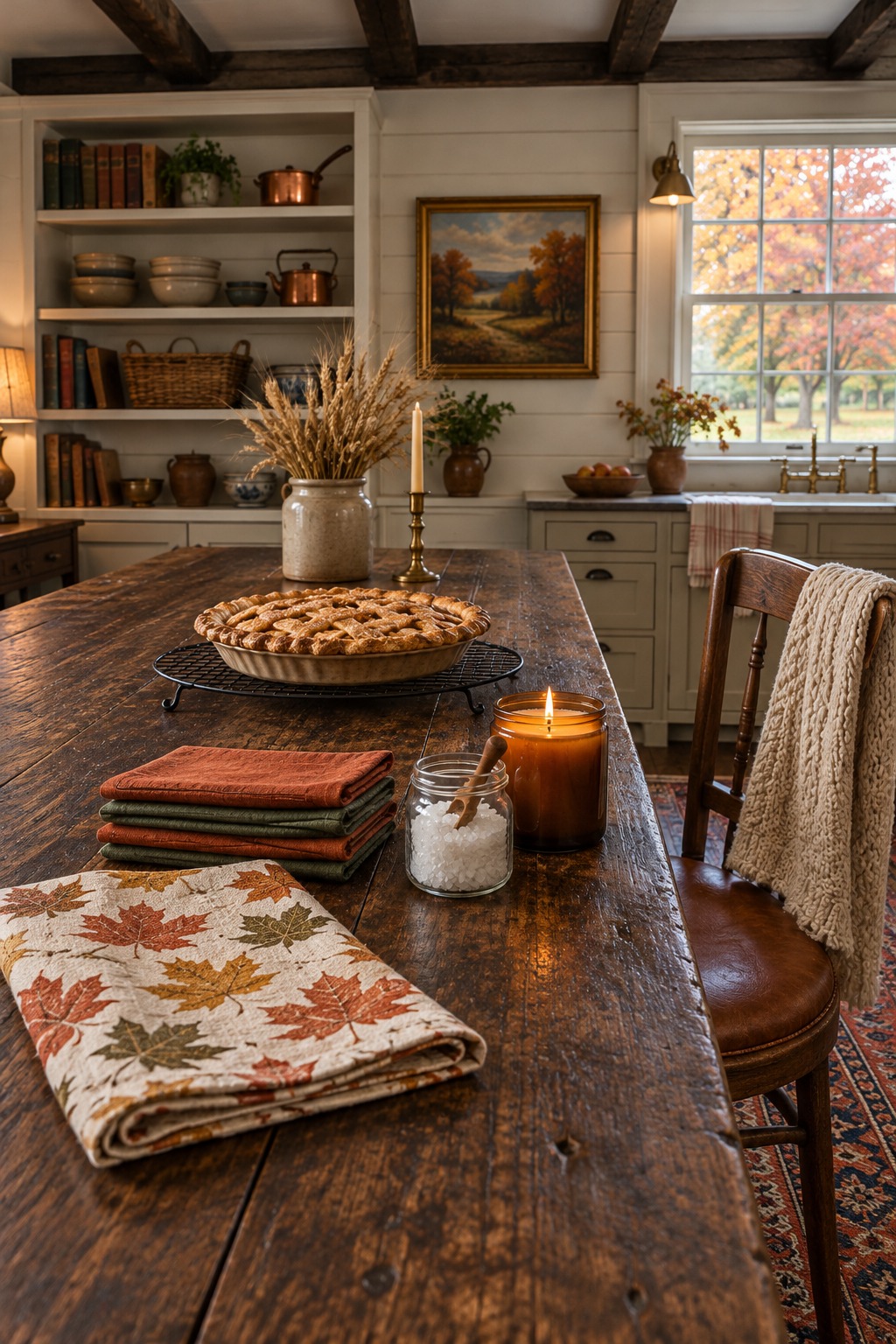 Farmhouse kitchen table with a folded pumpkin-print tea towel, a stack of cloth napkins in orange and green, a small jar of salt and a lit candle in a glass jar, a pie on a cooling rack behind