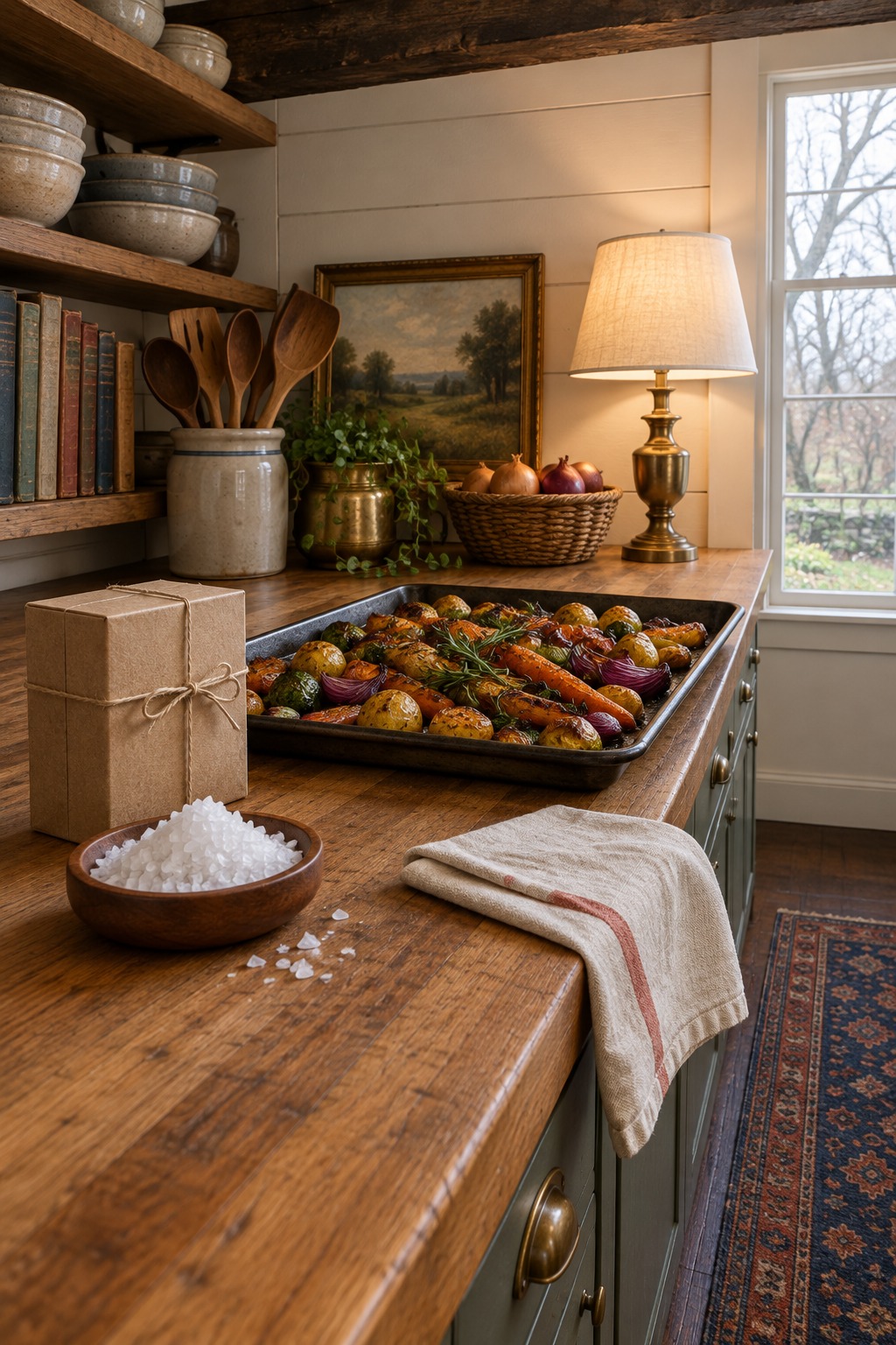 Farmhouse kitchen counter with a small wooden dish of flaky sea salt flakes, a cardboard salt box tied with twine beside a folded linen tea towel, roasted vegetables on a sheet pan and a lit lamp
