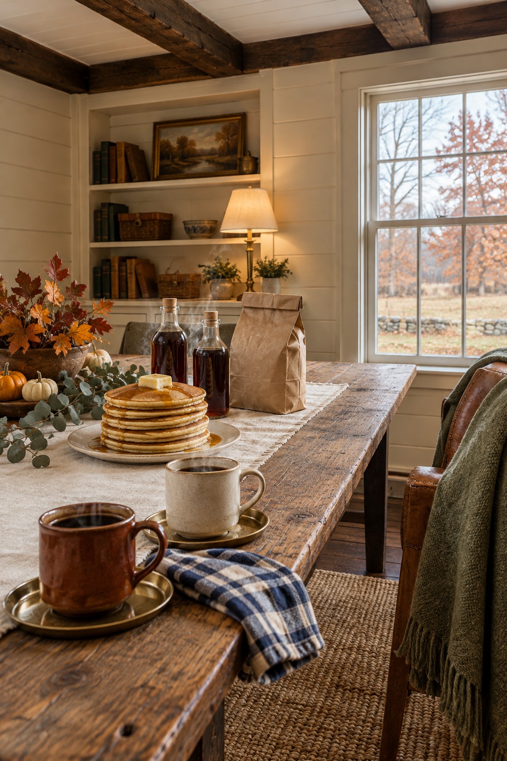 Farmhouse breakfast table the morning after Thanksgiving with two glass bottles of dark maple syrup beside a bag of pancake mix, a stack of pancakes, mugs of coffee and a lit lamp by the window