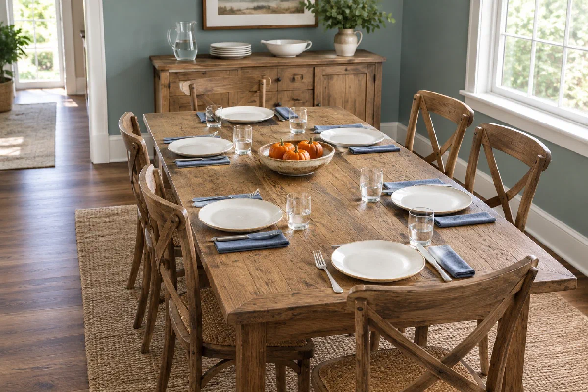 Wooden dining table with six chairs and six individual place settings beside a sideboard
