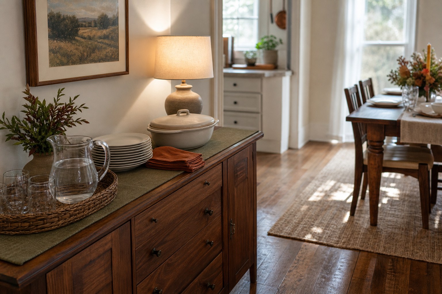 Small dining area with a Thanksgiving buffet on a sideboard, water and plates placed separately, and a clear path to the table