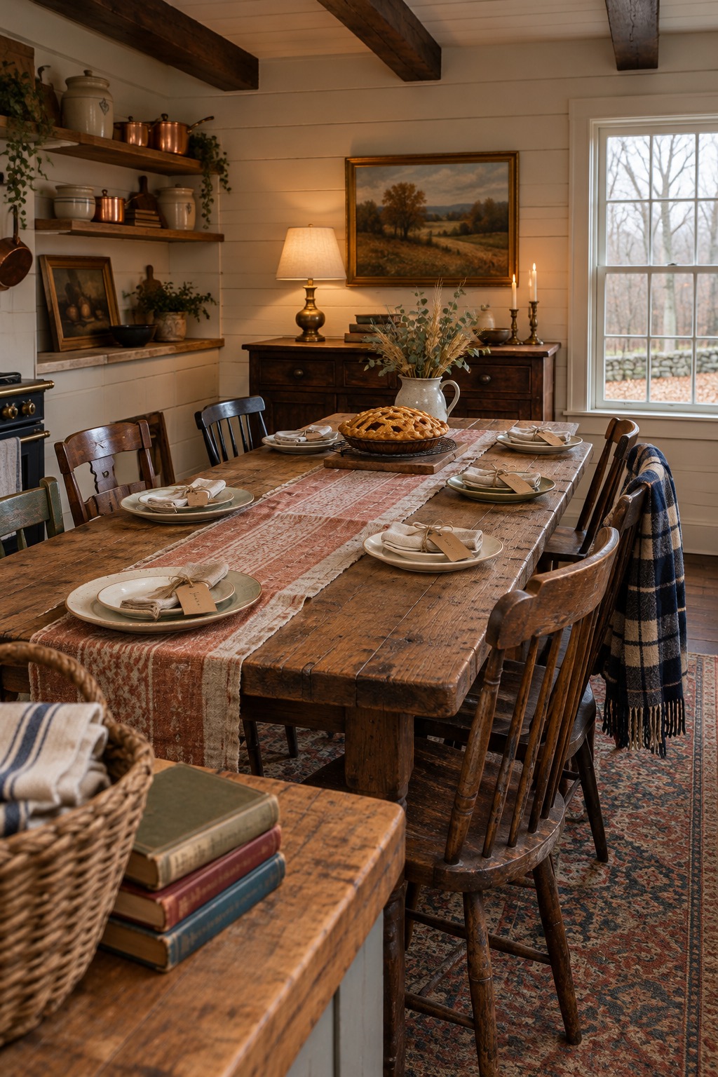 Kitchen table with cloth napkins each tied with twine and a kraft tag with a handwritten line, a pie cooling on a rack and a lit lamp behind