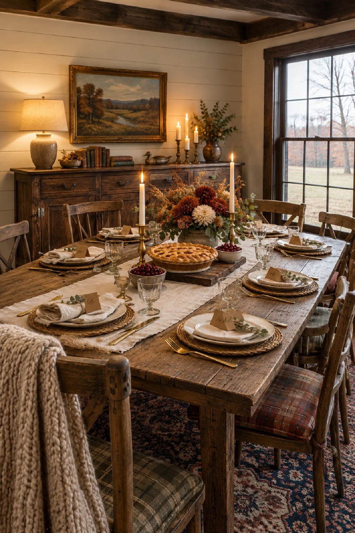 Farmhouse dining table set for Thanksgiving with small kraft place cards leaning against each plate, a pie on a wooden board and a lit lamp in the background
