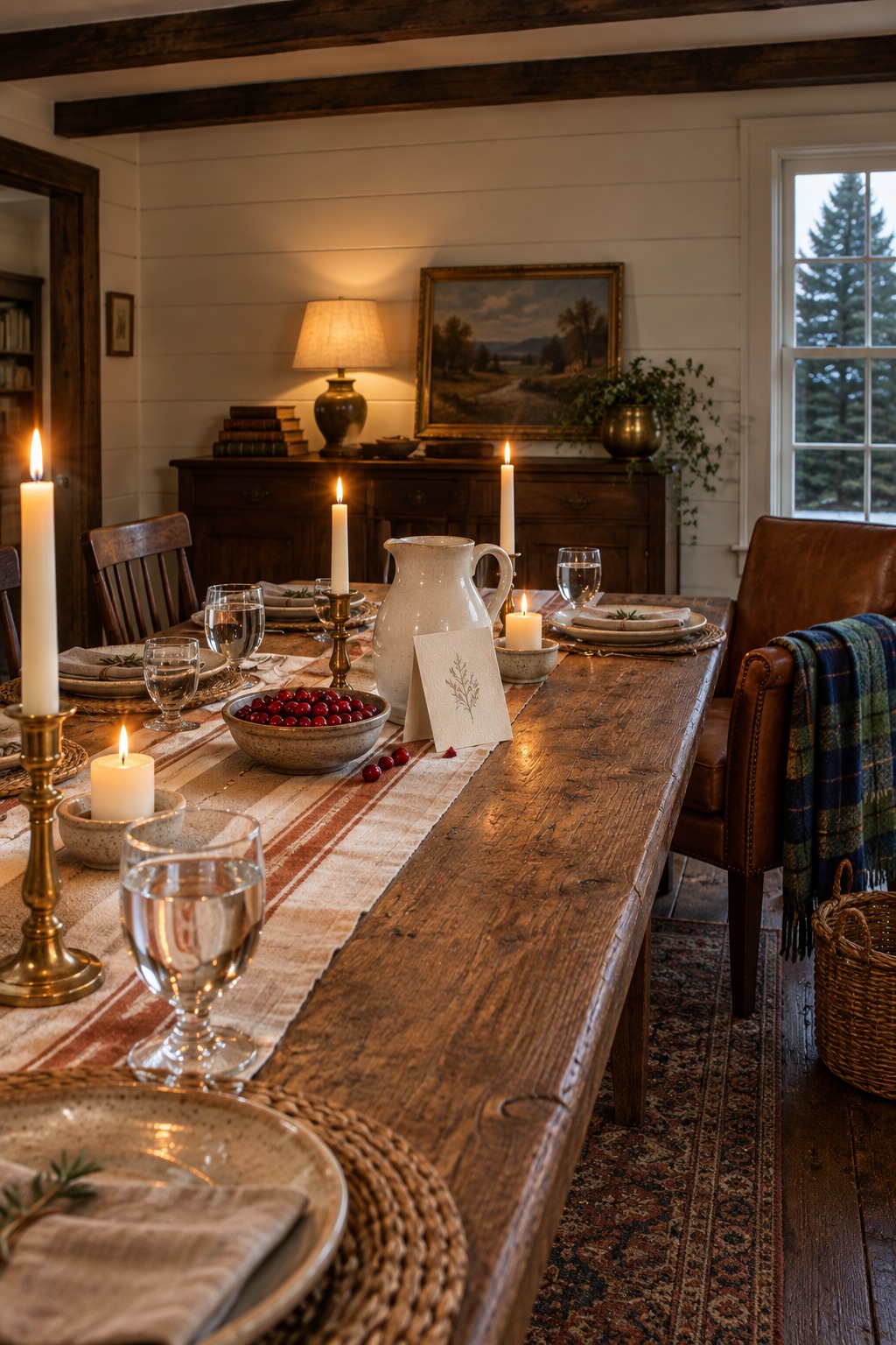 Candlelit Thanksgiving table with filled water glasses and a small bowl of cranberries, a hand-lettered card propped against a pitcher and a lit lamp in the background