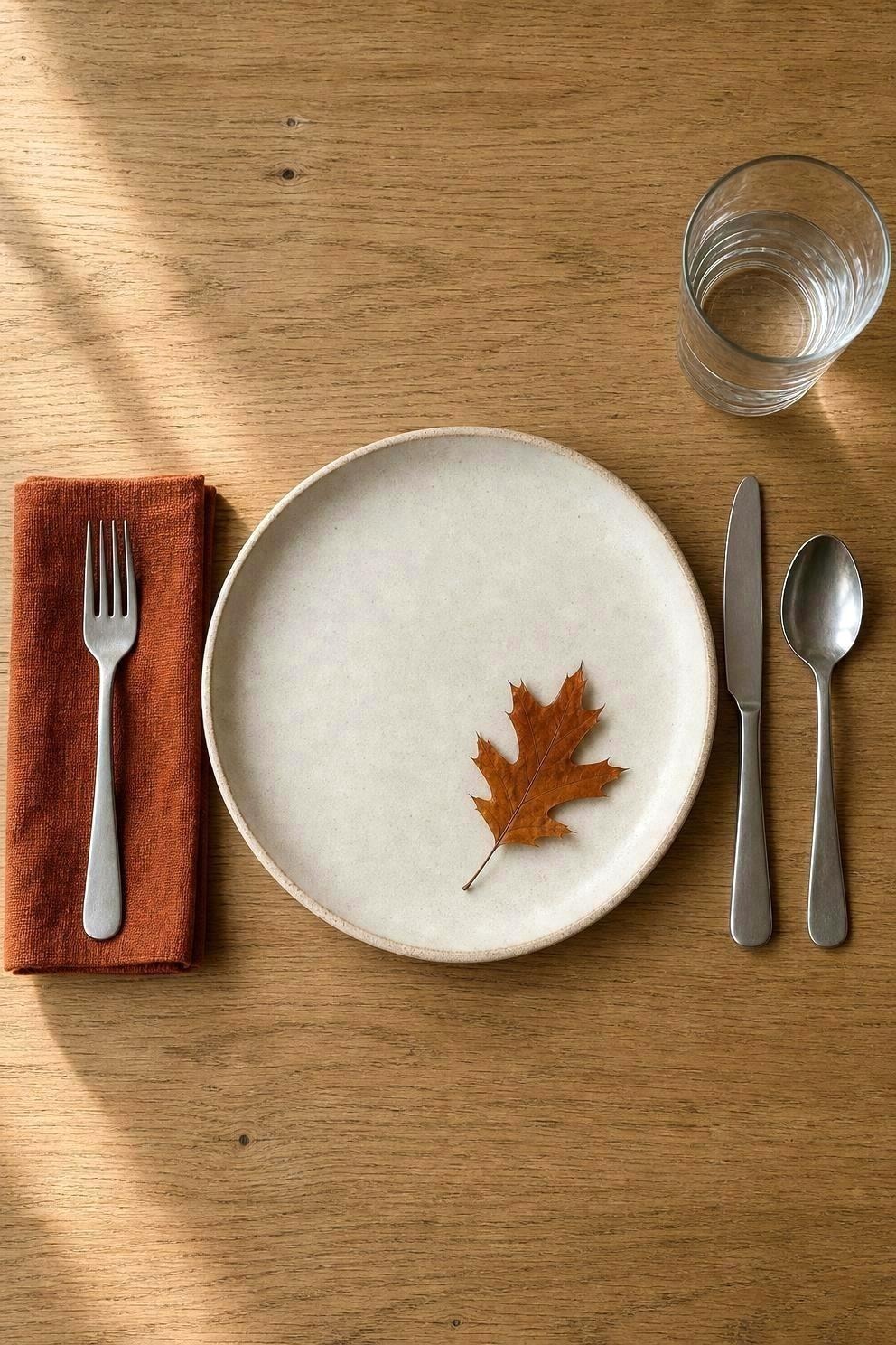 A single place setting on a wooden table showing a cream dinner plate, a fork on a folded linen napkin to the left, a knife and spoon to the right and a water glass set above the knife