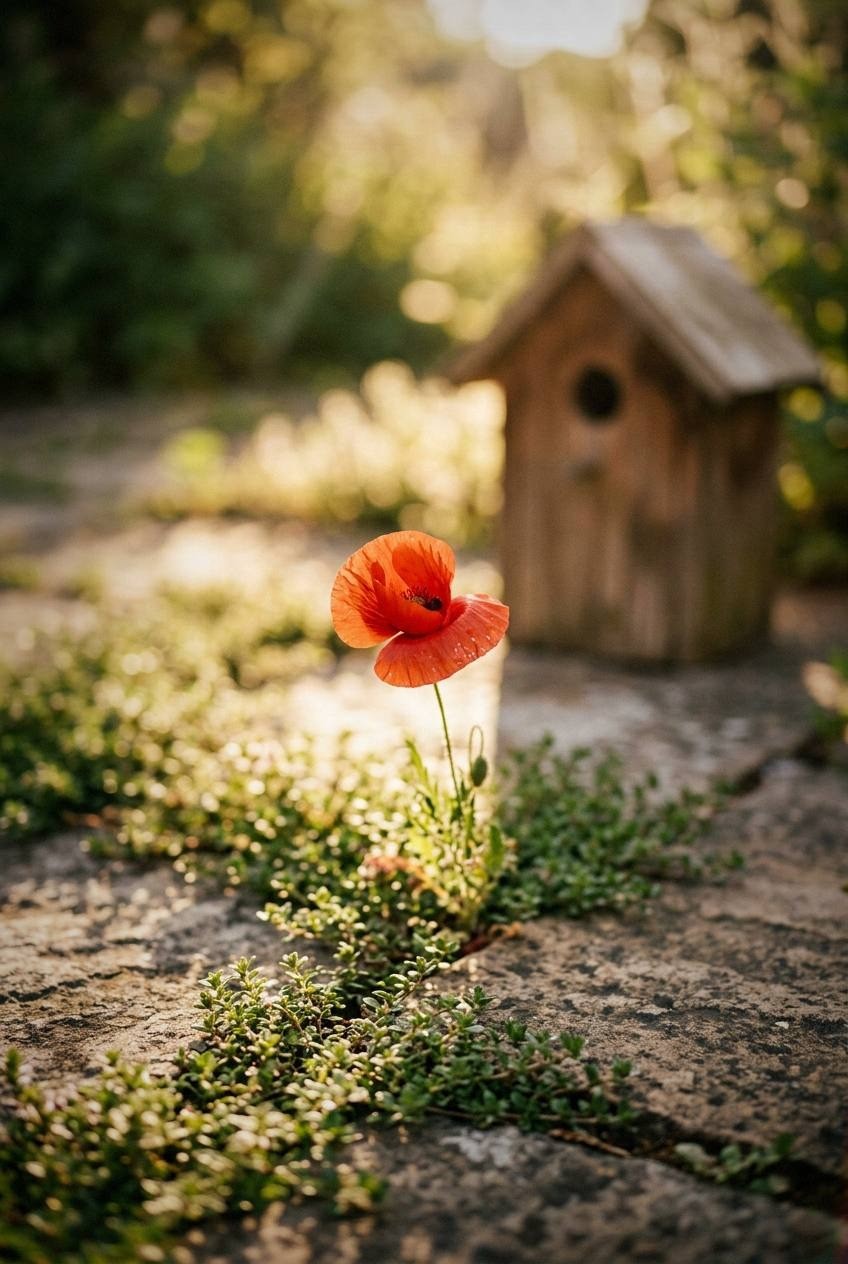 Shady corner of a backyard with ferns and hostas growing around stepping stones, dappled morning light filtering through overhead trees