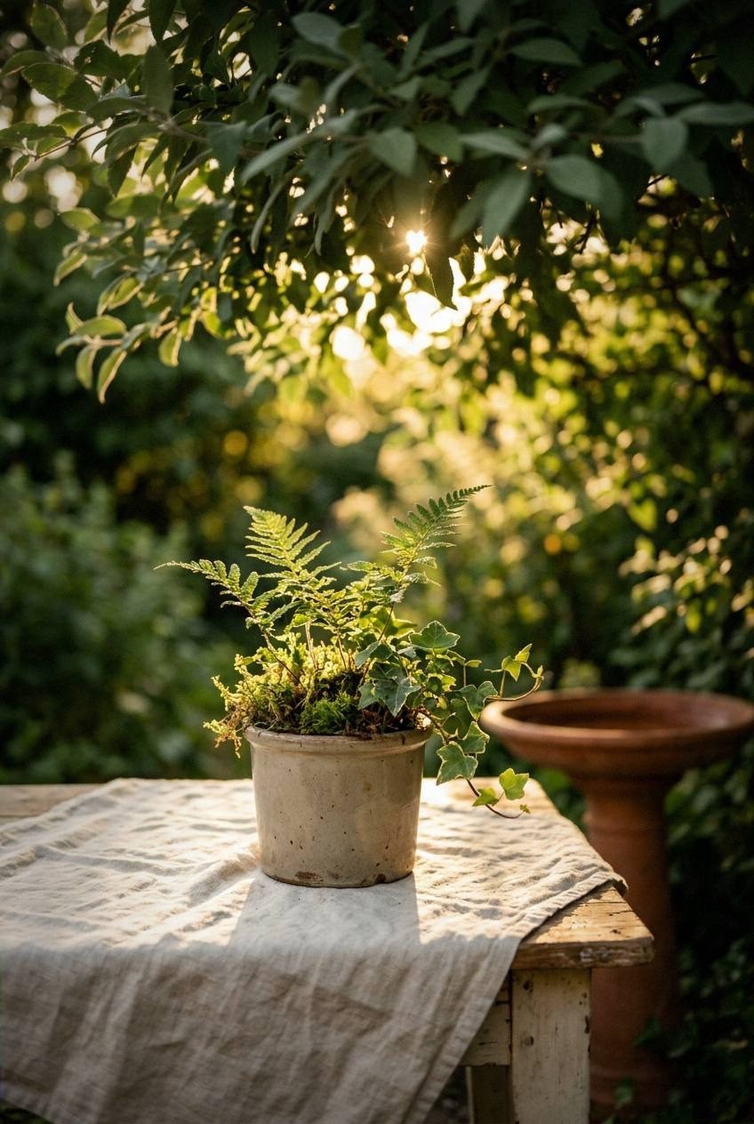 Weathered wooden bench in a shady backyard corner surrounded by hostas and ferns, with a book and coffee mug on the seat