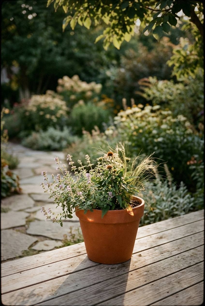 Morning light in a shady backyard sanctuary corner with lush hostas, ferns, and a stone path leading to an old bench with a coffee mug