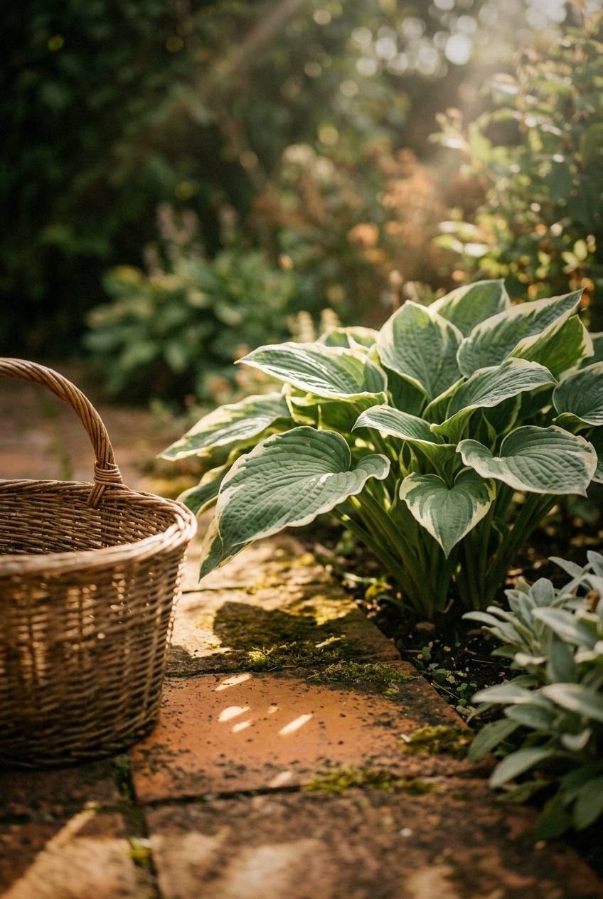 A second-year cottage garden with coneflowers and catmint starting to fill in, golden daylilies blooming along a picket fence in warm afternoon light