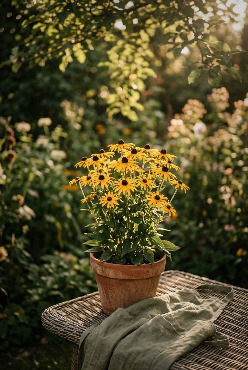 A lush third-year cottage garden overflowing with purple coneflowers, black-eyed susans, and pink phlox along a wooden fence, cottage garden aesthetic
