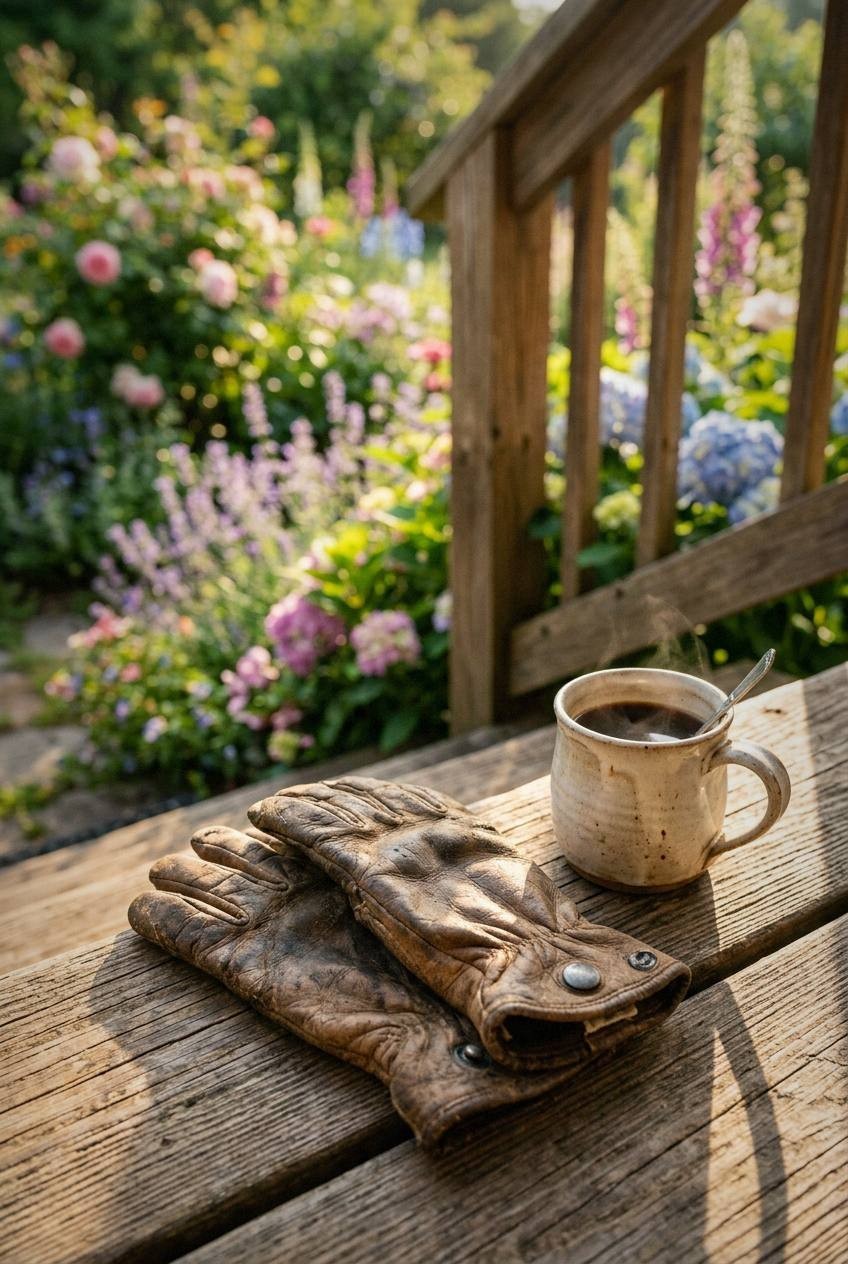 A pair of garden gloves resting on a wooden porch step beside a ceramic coffee mug, morning sunlight on a garden in the background