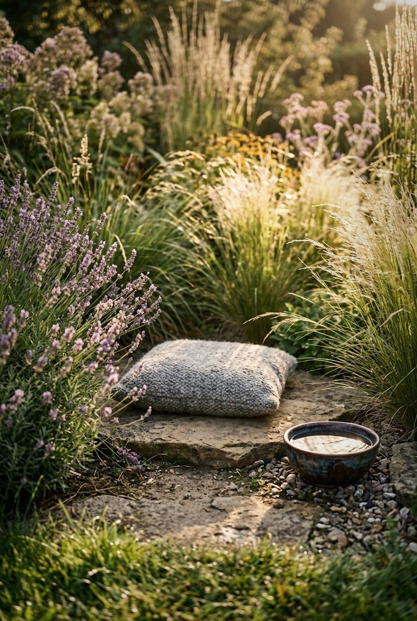 Open sketchbook on a garden bench with a pencil sketch of a cottage garden layout, real garden visible in soft focus behind it