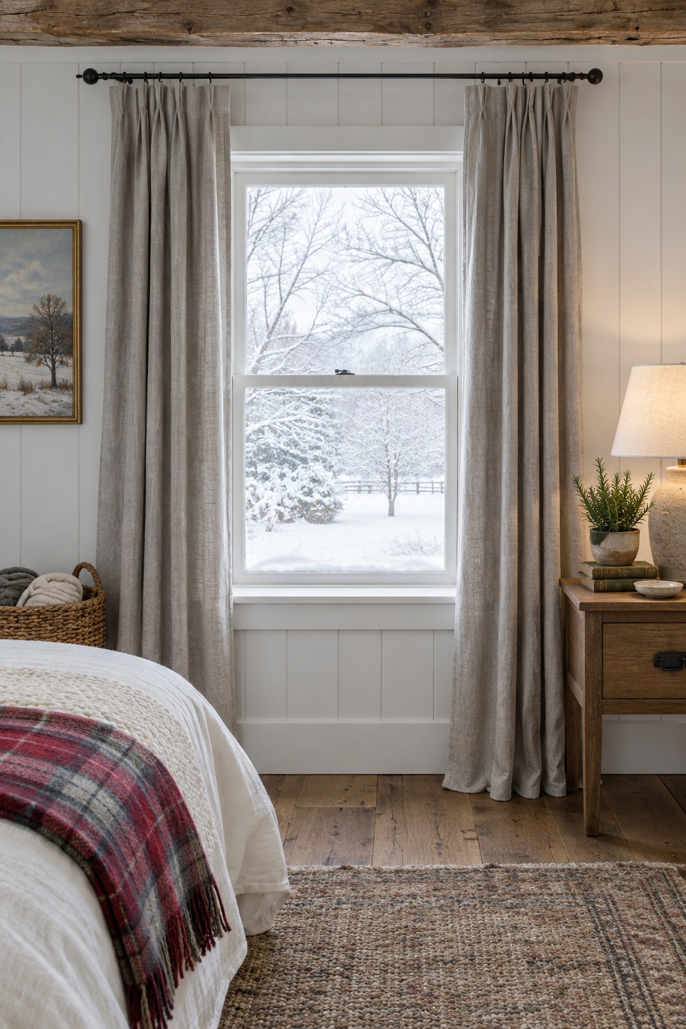 Bedroom window in winter with long gray curtains pulled to the sides of a rod mounted above the frame, snow outside, a plaid blanket on the bed and a lit bedside lamp