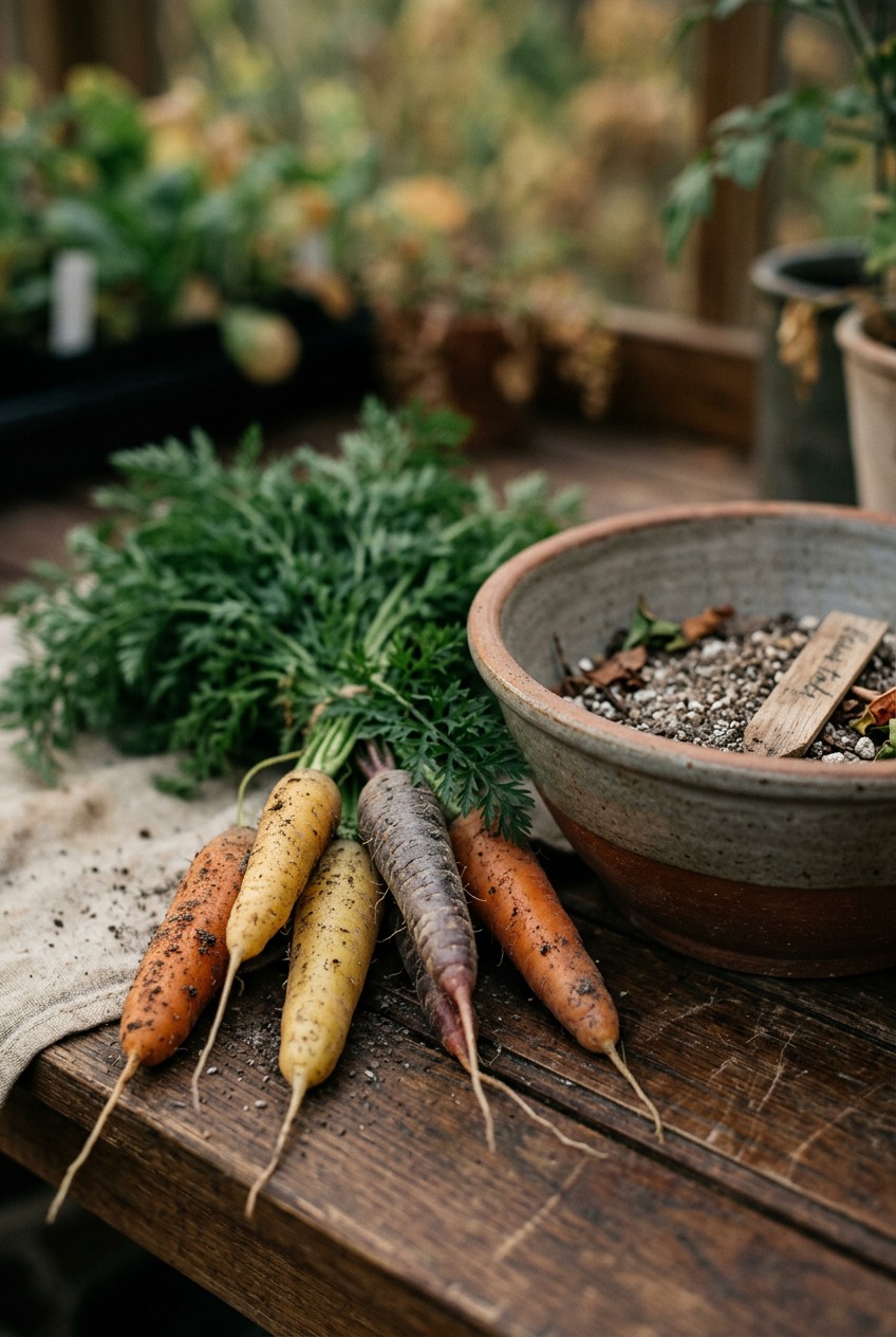 Fresh basil, cilantro, and parsley growing in terracotta pots on a sunlit porch