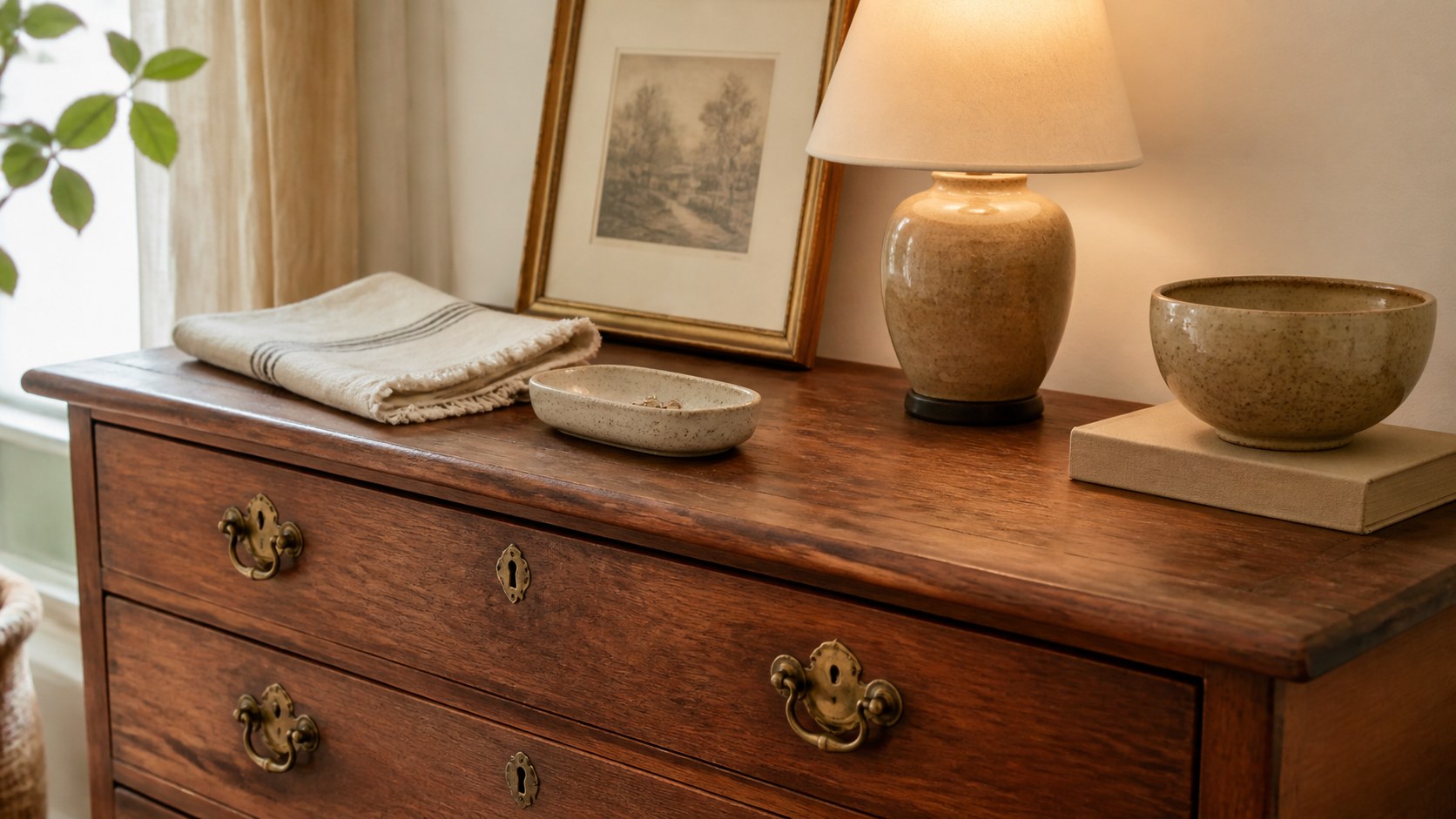 Close view of a vintage dresser top with a small tray, lamp, framed art, and one ceramic bowl