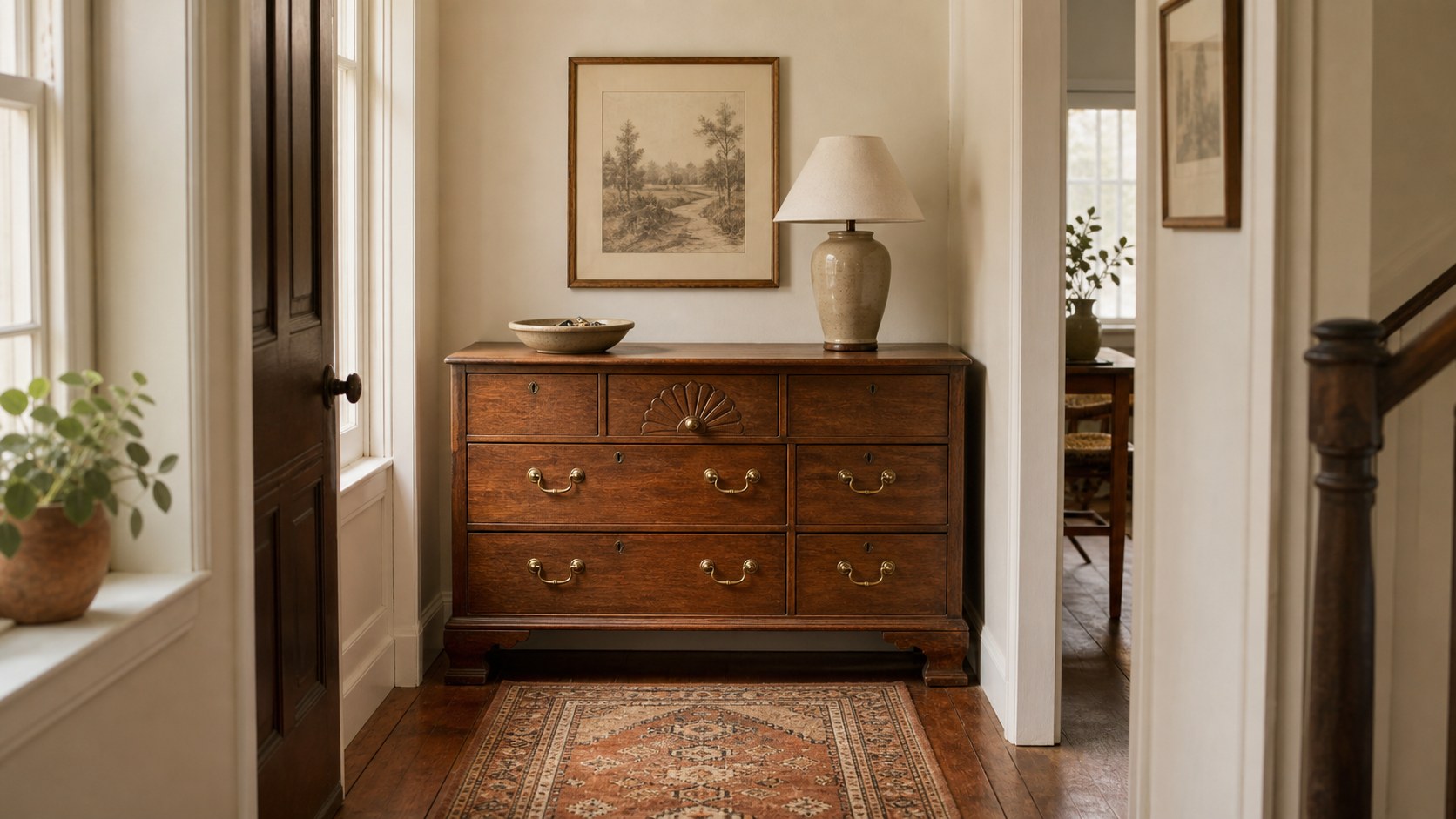 Vintage dresser in a small hallway with brass hardware, framed art above it, and a narrow runner rug
