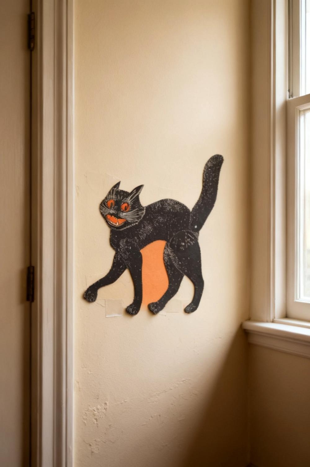 A close view of a printed paper Halloween cat cutout on a pale wall in daylight, halftone dots and cut paper edge visible