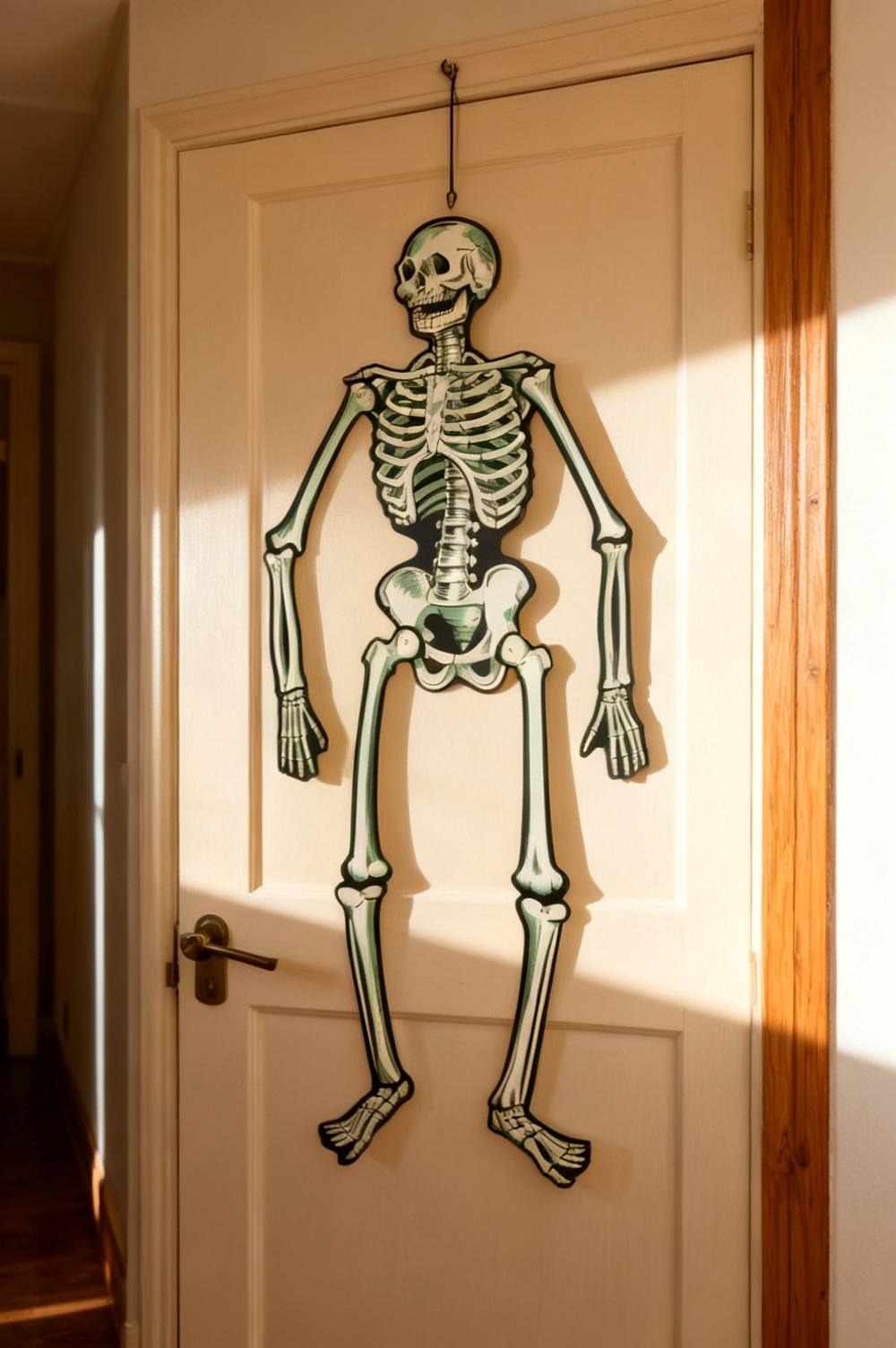 Three paper Halloween cutouts of different sizes grouped above a console table beside an iron lamp, cream wall, daylight