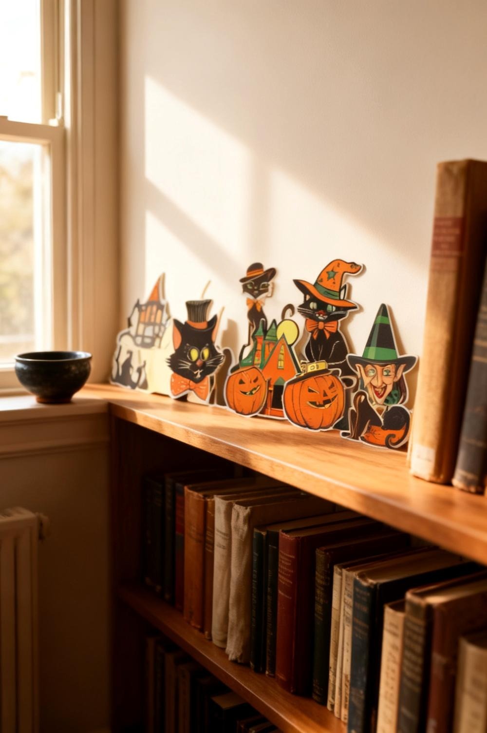 Paper Halloween cutouts laid flat in an open folder on a wooden table in daylight, ready to be stored unbent