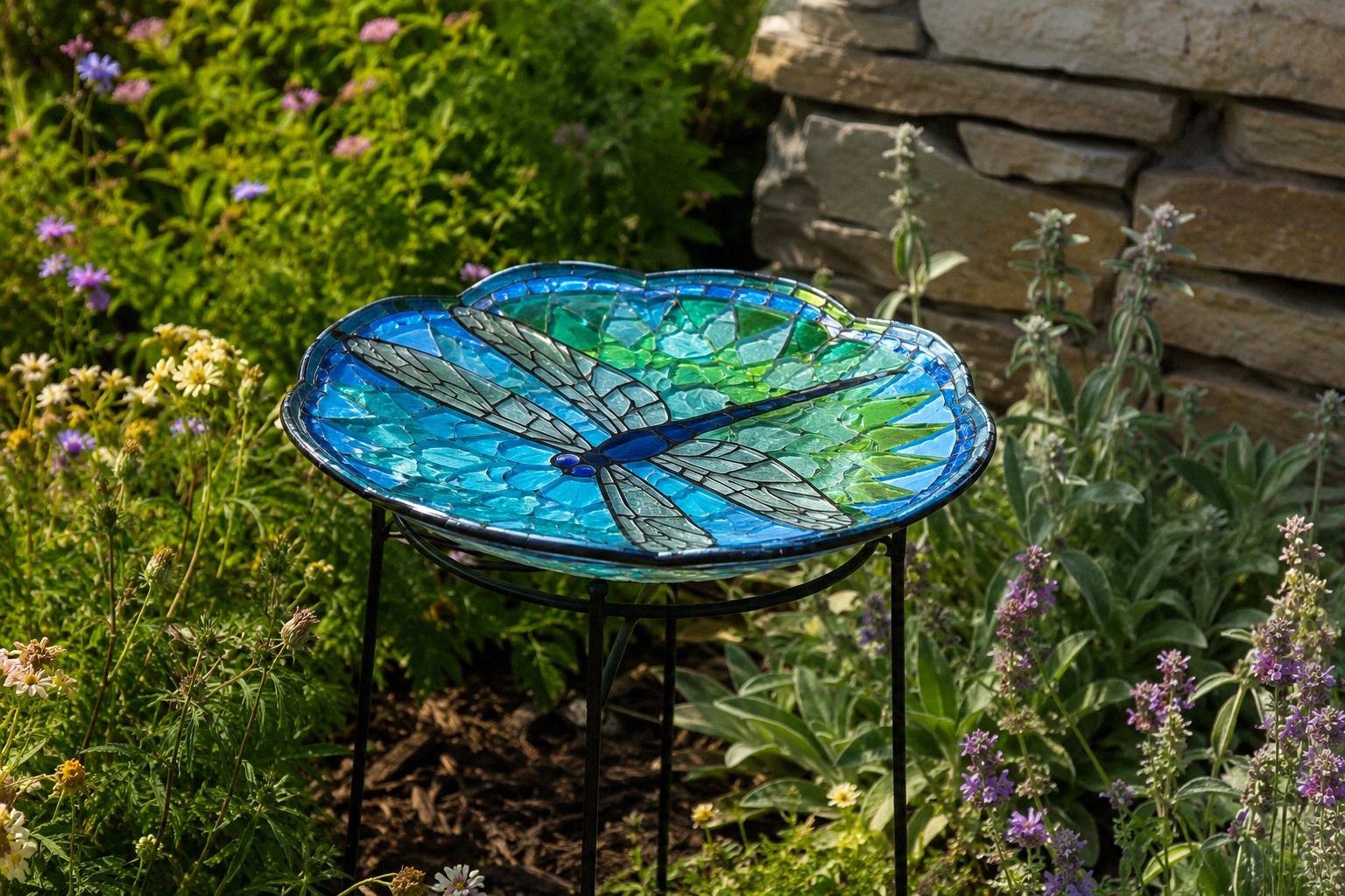 Low colorful stained-glass dragonfly bird bath on a slim metal stand set in a cottage-style flower bed with soft blue and green glass