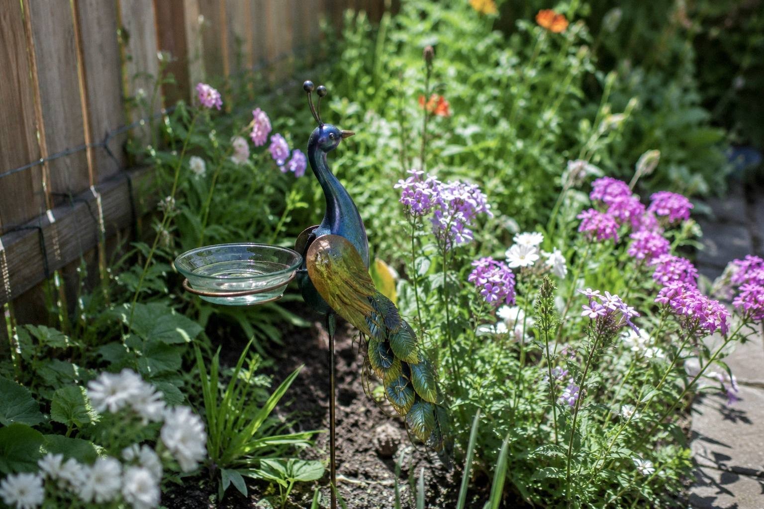 Small decorative metal peacock stake holding a shallow glass bowl of water, tucked into a narrow flower bed with blooming perennials