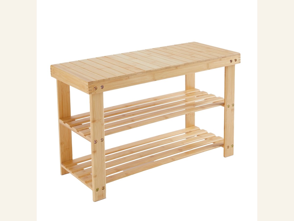 Bamboo shoe bench with open tiers for everyday footwear