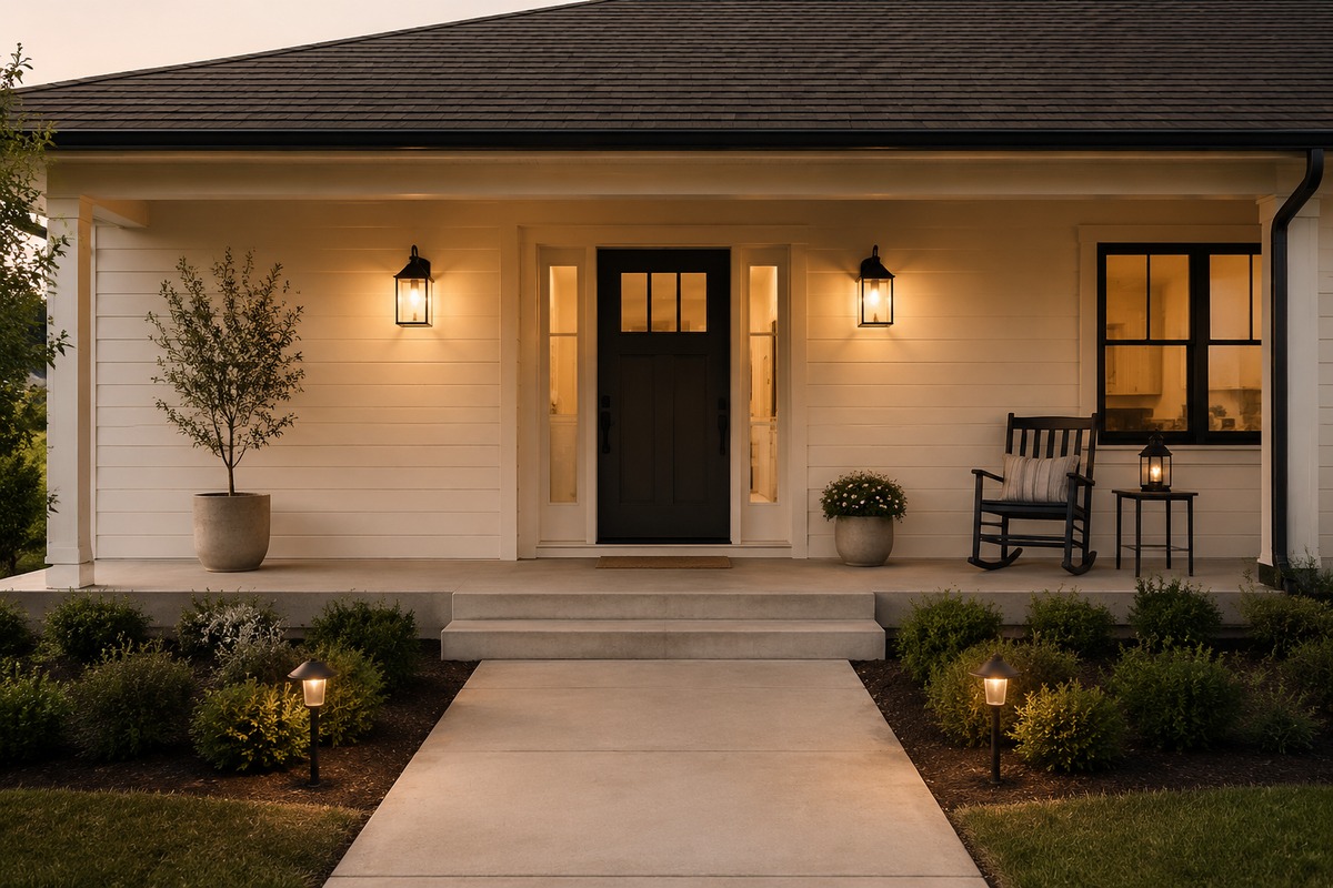 Front porch at dusk with clear walkway, wall lanterns, path lights off to the side, one tabletop lantern, and planters away from the door path