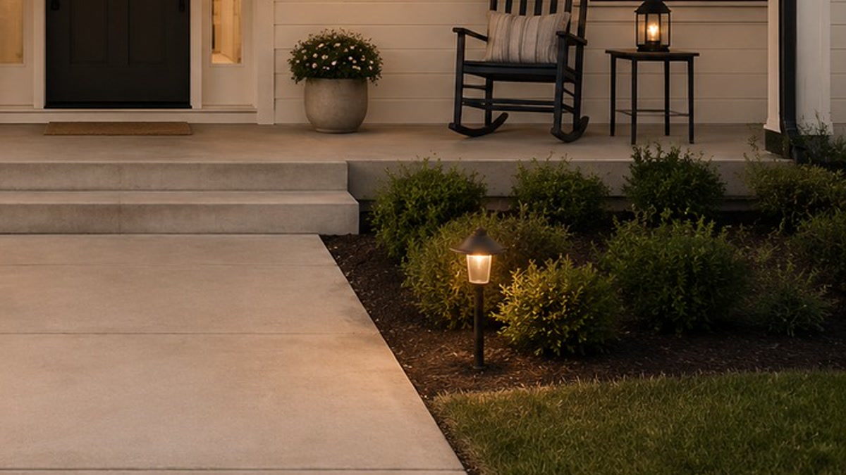 Warm spotlight grazing a taller shrub near a porch set back from the walkway