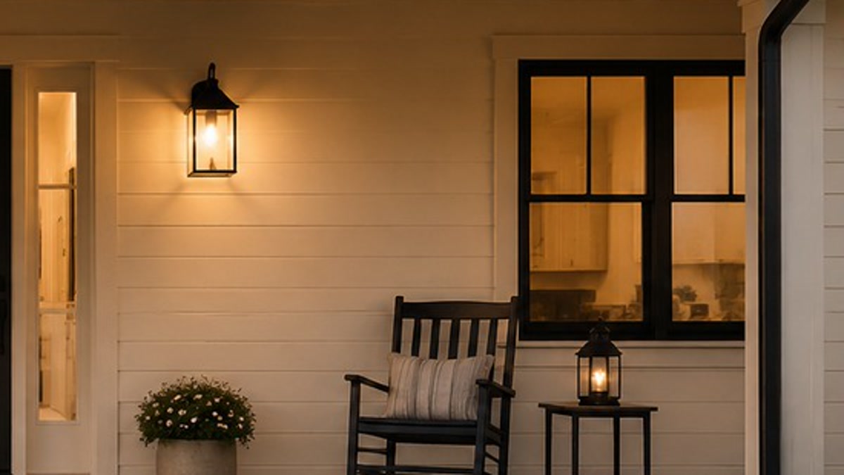 Small porch lantern with a warm flameless candle beside a chair