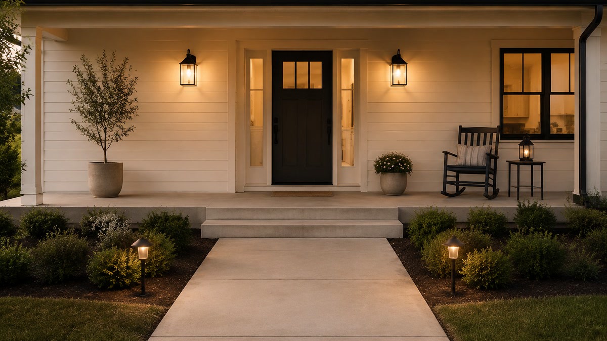 Low warm path lights beside a clear front walkway at dusk