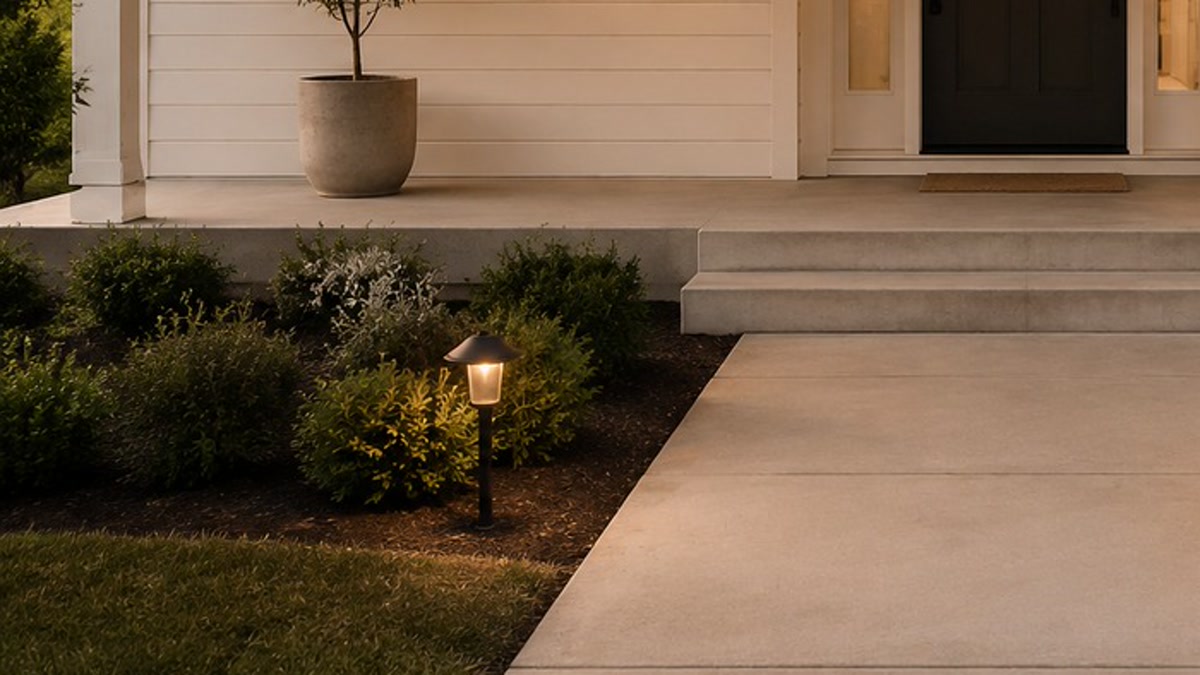 Soft landscape spotlight aimed at a low shrub beside a front porch