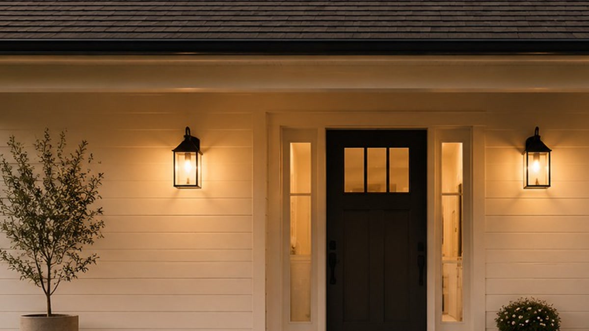 Black wall lantern casting warm light beside a front door