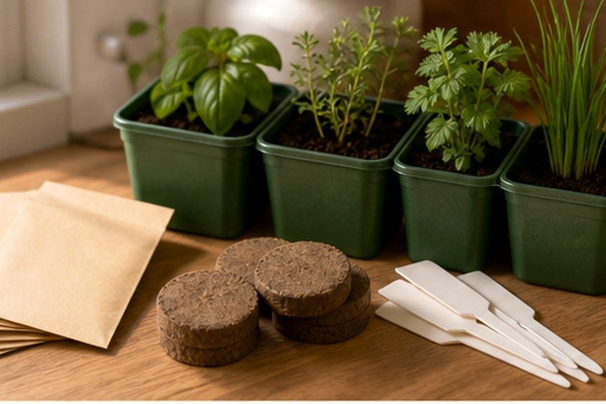 Compact herb starter setup with green pots, peat discs, blank seed packets, and plant markers