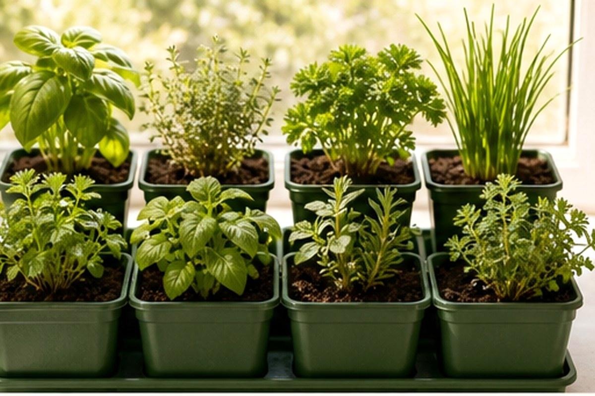 Eight small herb pots with healthy green plants arranged on a sunny windowsill