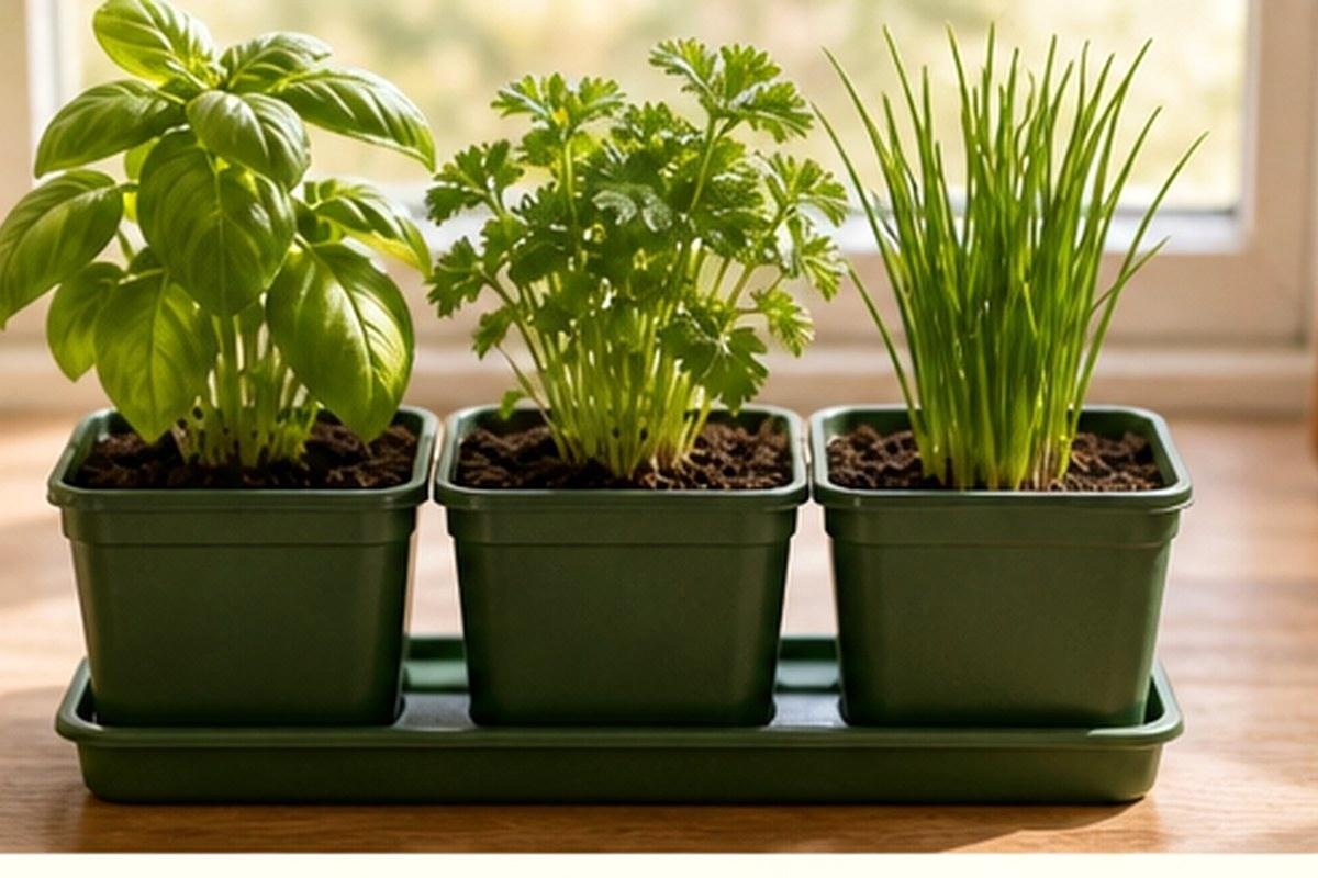 Three compact pots of basil, parsley, and chives on a kitchen windowsill