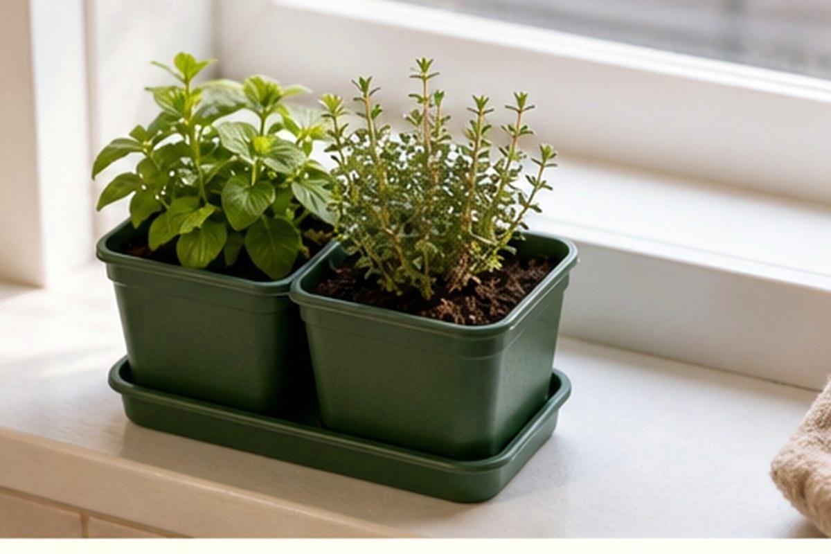 Two small herb pots sharing a narrow bright windowsill